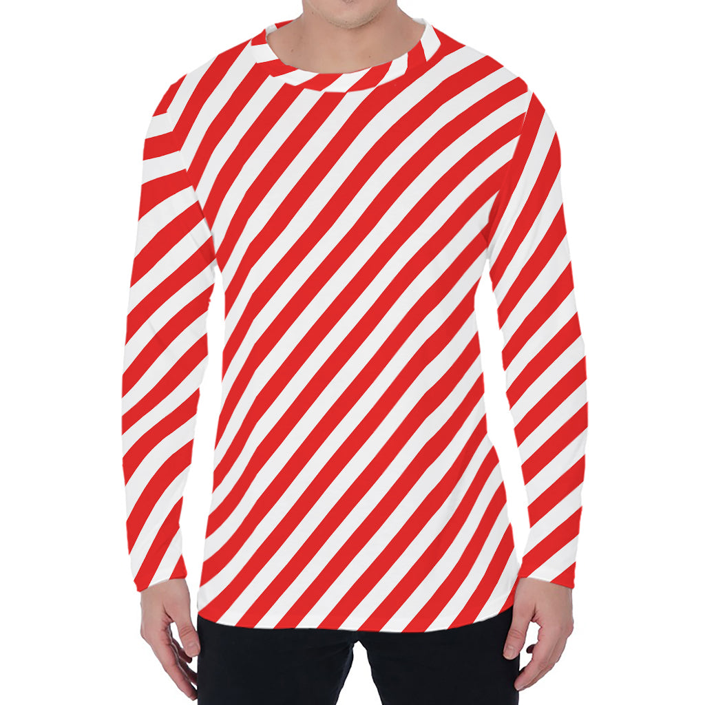 Red And White Candy Cane Striped Print Men's Long Sleeve T-Shirt