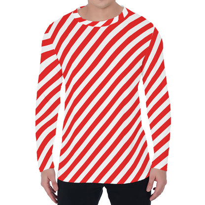 Red And White Candy Cane Striped Print Men's Long Sleeve T-Shirt