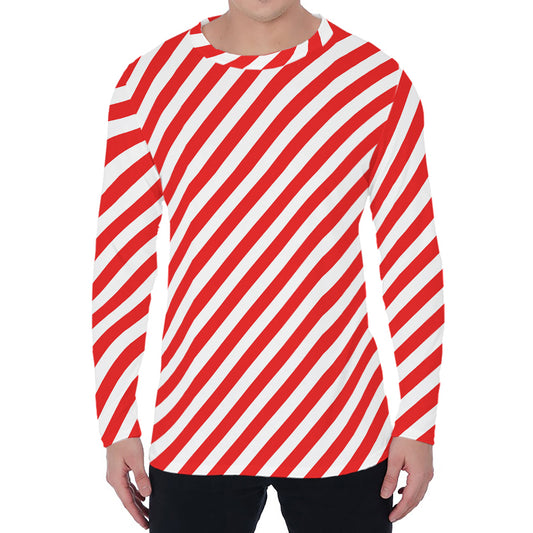 Red And White Candy Cane Striped Print Men's Long Sleeve T-Shirt
