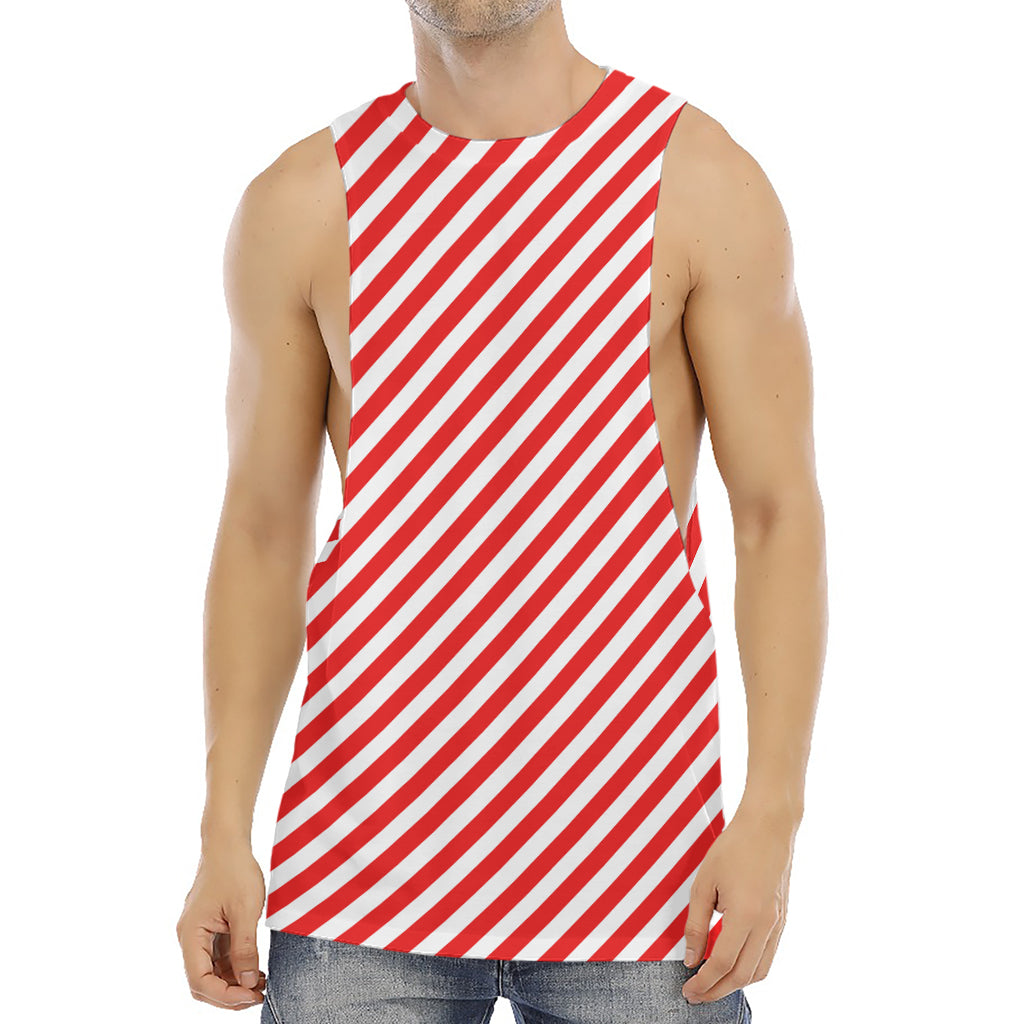 Red And White Candy Cane Striped Print Men's Muscle Tank Top