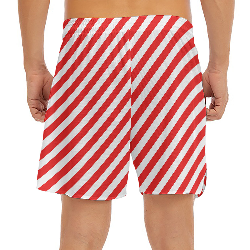 Red And White Candy Cane Striped Print Men's Split Running Shorts