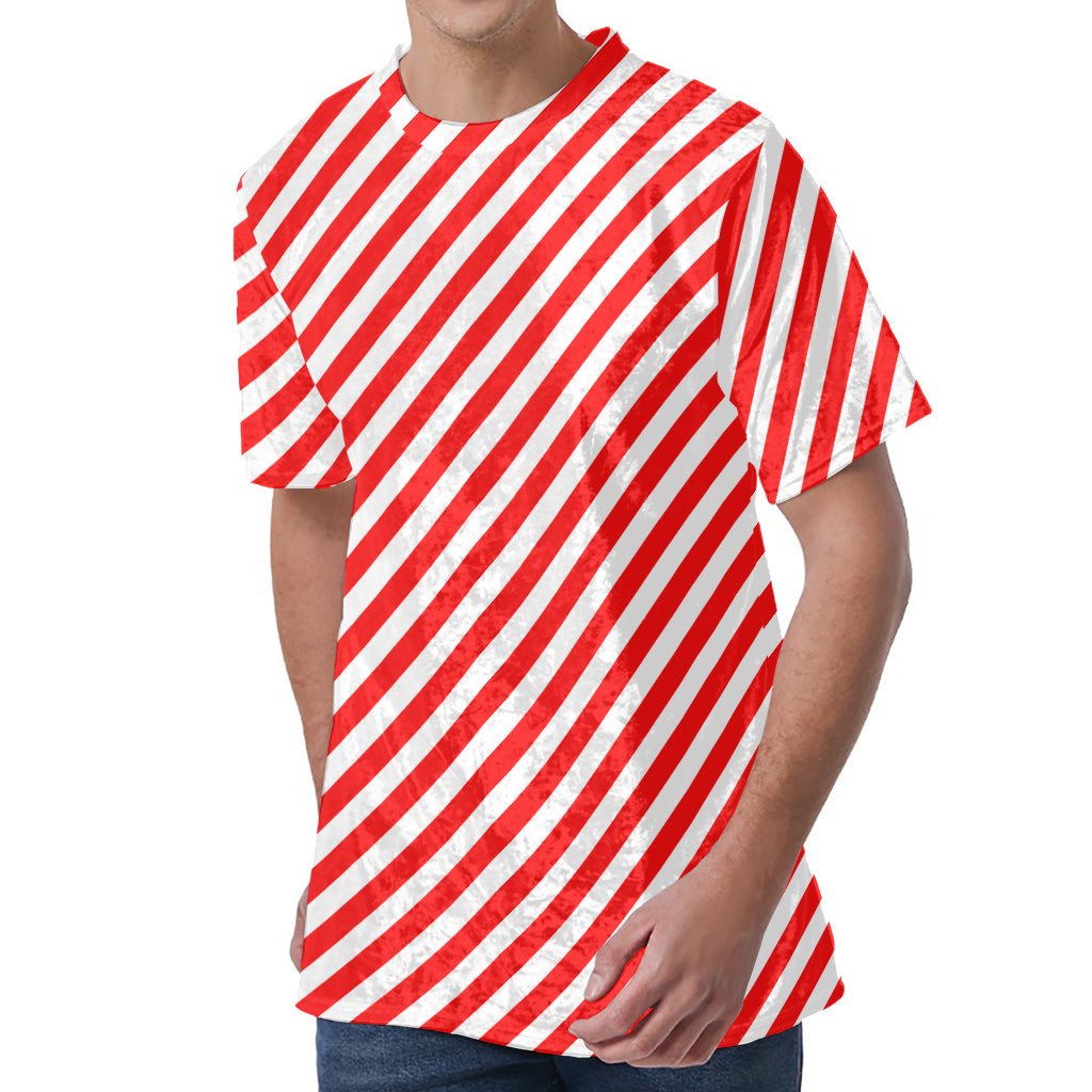 Red And White Candy Cane Striped Print Men's Velvet T-Shirt