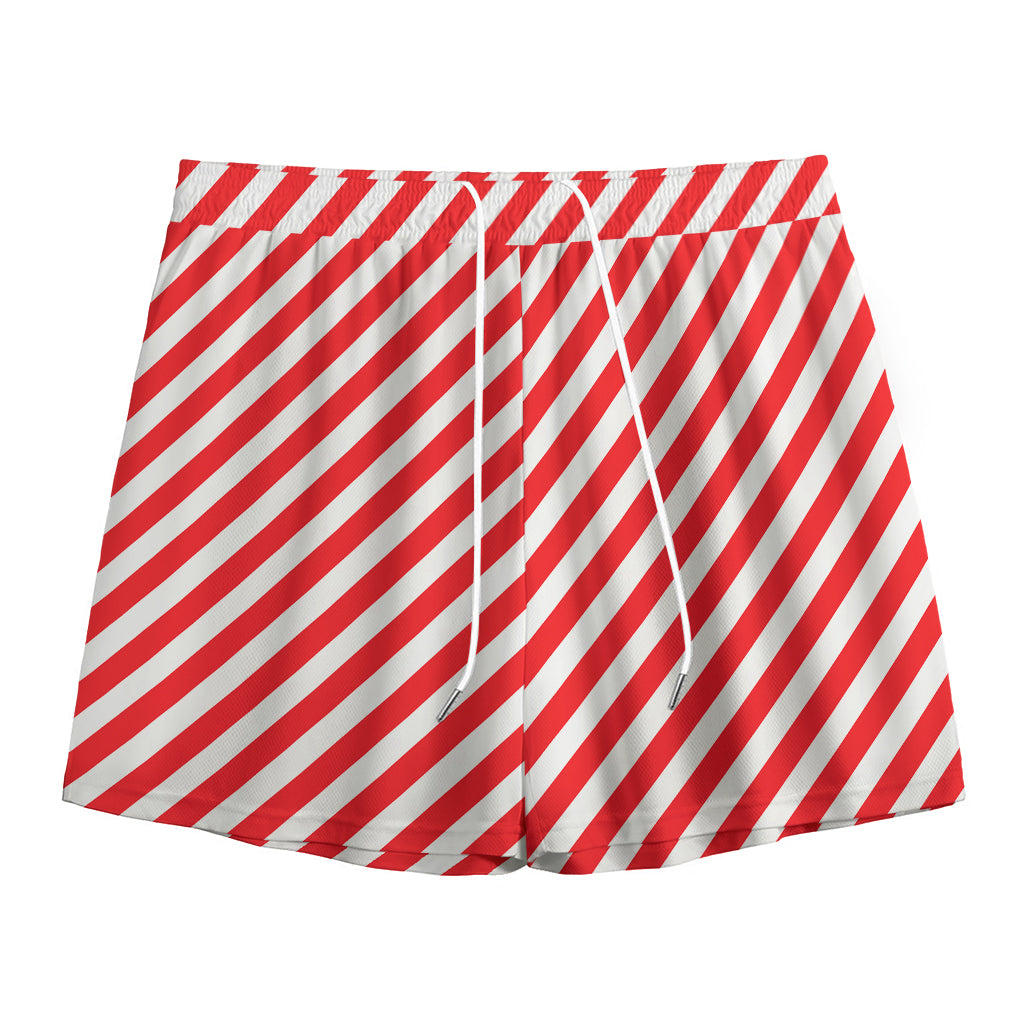 Red And White Candy Cane Striped Print Mesh Shorts
