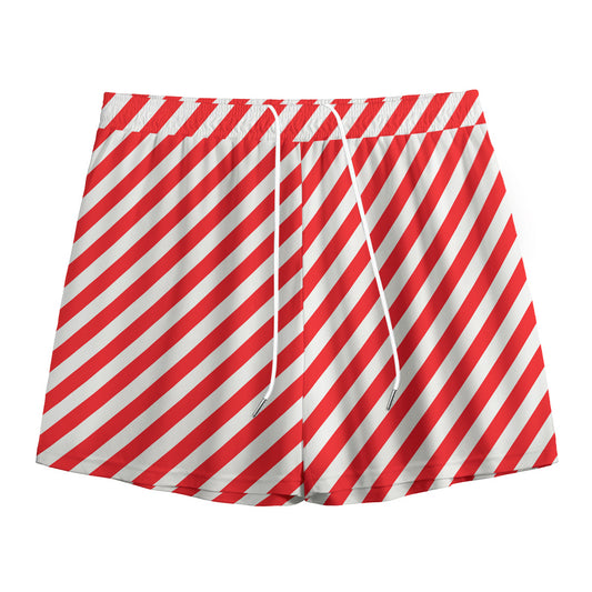 Red And White Candy Cane Striped Print Mesh Shorts