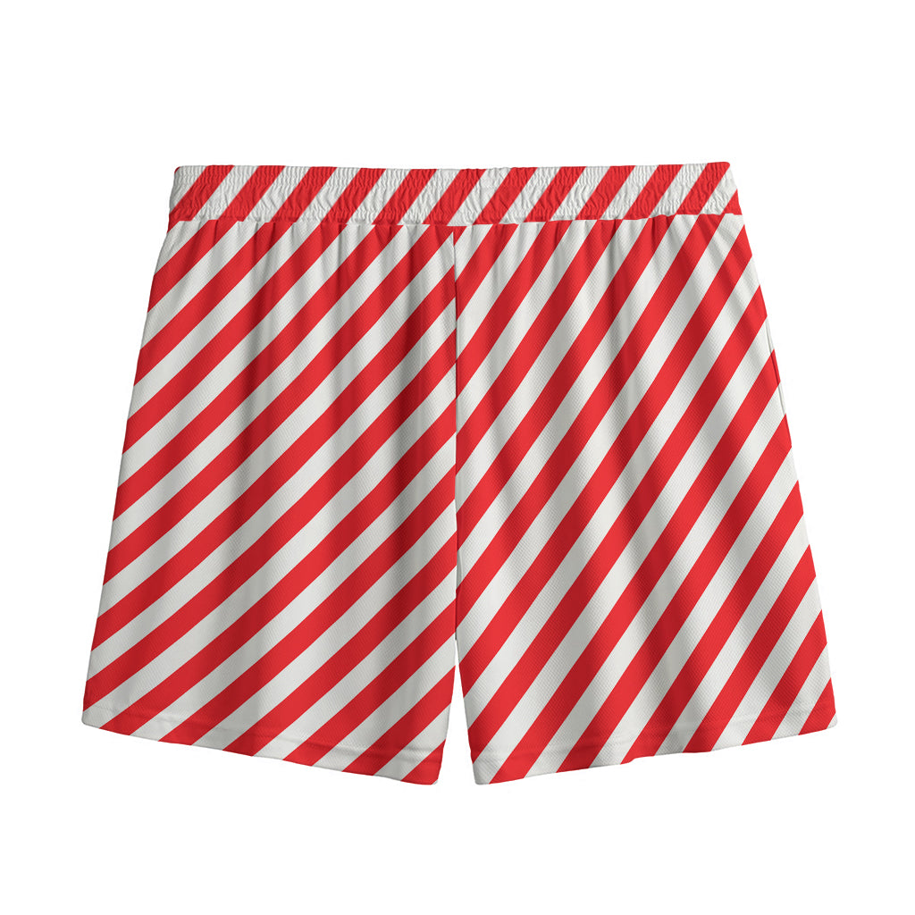 Red And White Candy Cane Striped Print Mesh Shorts