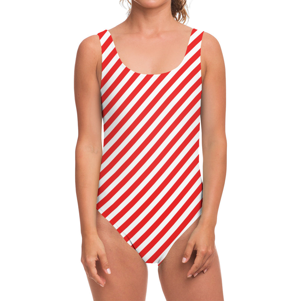 Red And White Candy Cane Striped Print One Piece Swimsuit