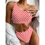 Red And White Candy Cane Striped Print One Shoulder Bikini Top