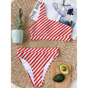 Red And White Candy Cane Striped Print One Shoulder Bikini Top