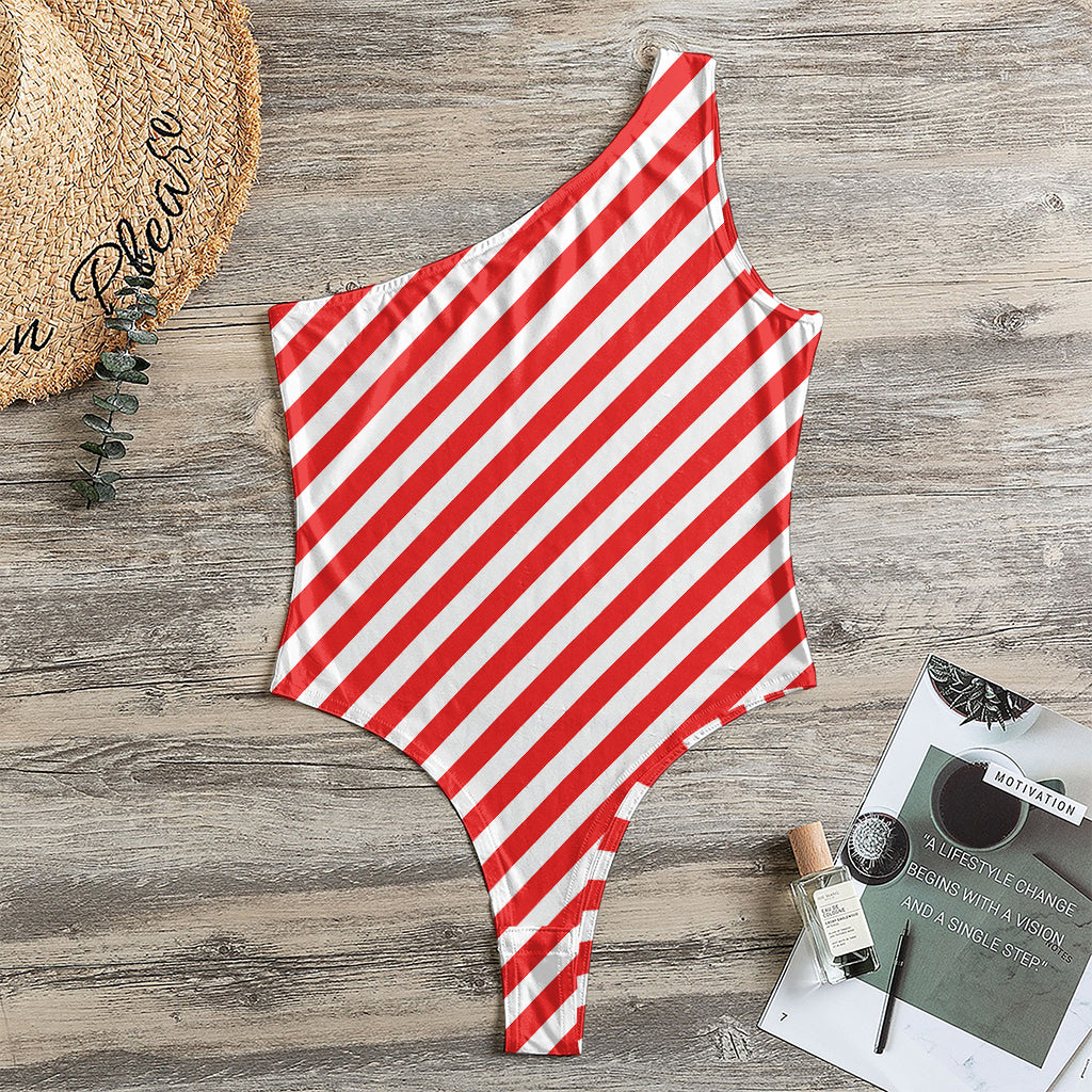Red And White Candy Cane Striped Print One Shoulder Bodysuit