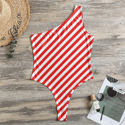 Red And White Candy Cane Striped Print One Shoulder Bodysuit