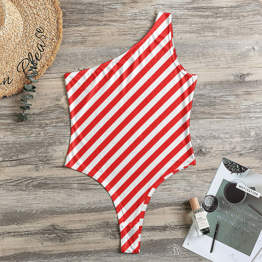Red And White Candy Cane Striped Print One Shoulder Bodysuit