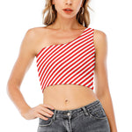 Red And White Candy Cane Striped Print One Shoulder Crop Top