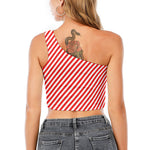 Red And White Candy Cane Striped Print One Shoulder Crop Top