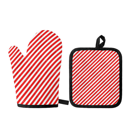 Red And White Candy Cane Striped Print Oven Mitt And Pot Holder Set