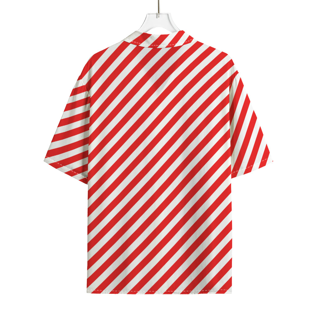 Red And White Candy Cane Striped Print Rayon Hawaiian Shirt