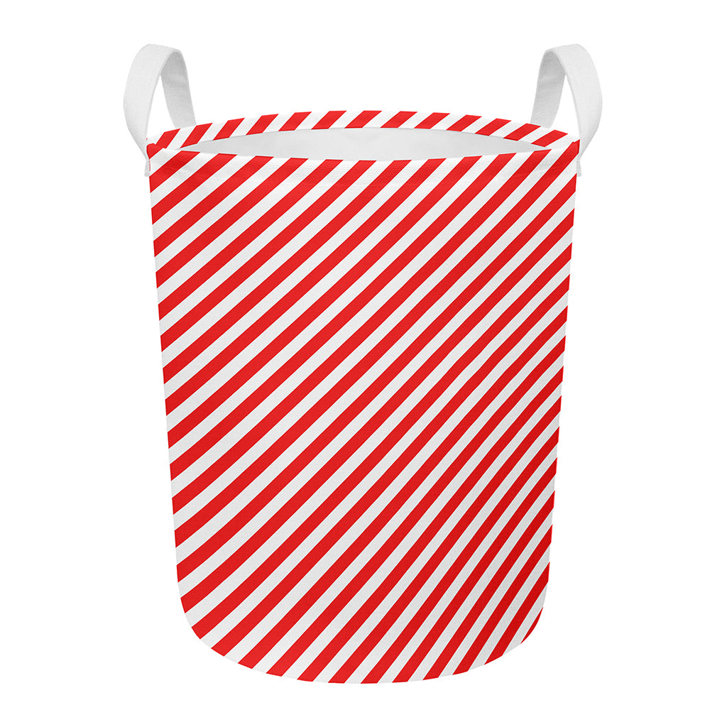 Red And White Candy Cane Striped Print Round Laundry Basket