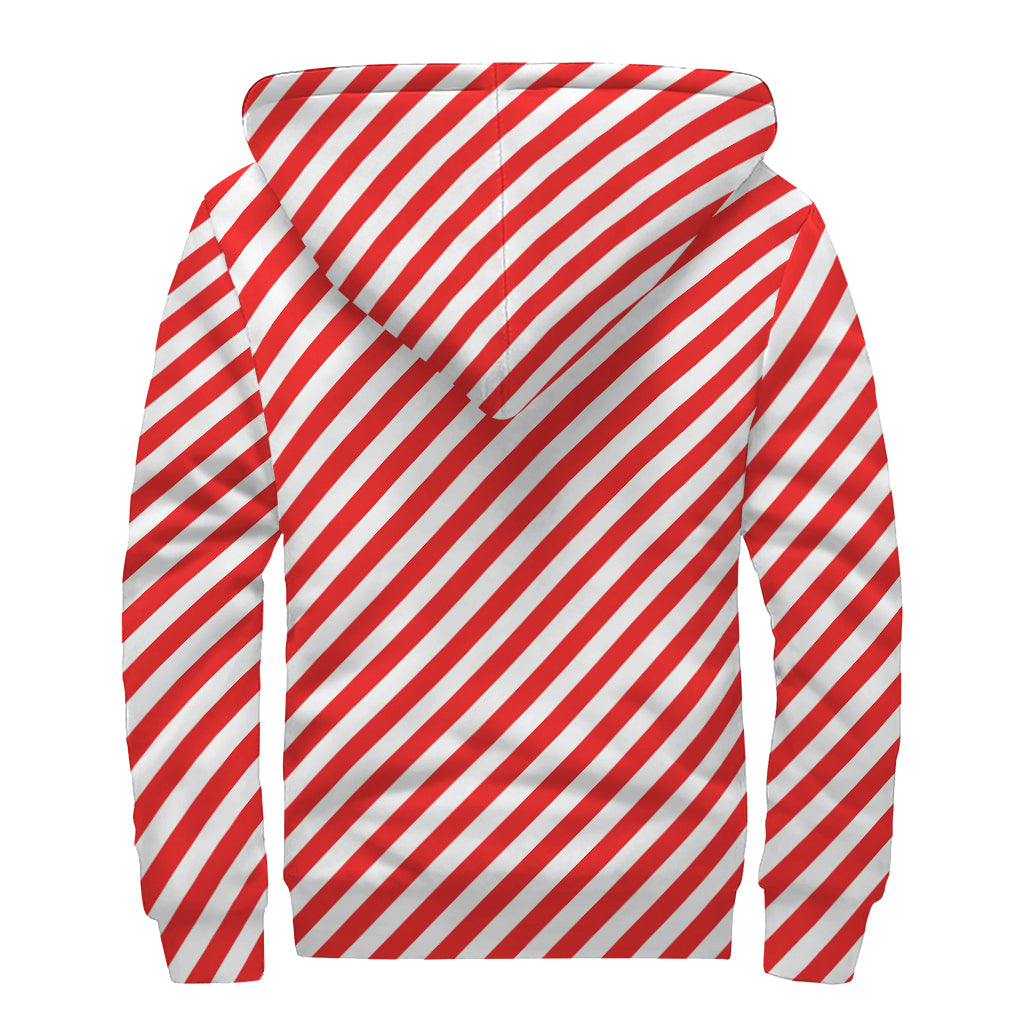 Red And White Candy Cane Striped Print Sherpa Lined Zip Up Hoodie
