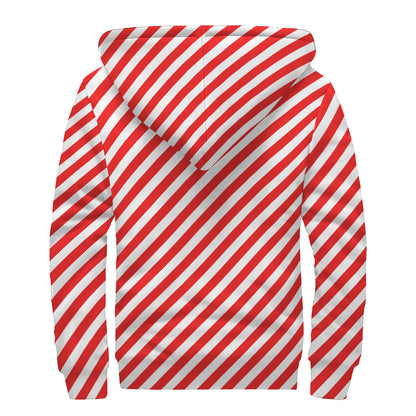Red And White Candy Cane Striped Print Sherpa Lined Zip Up Hoodie