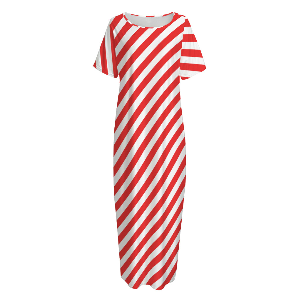 Red And White Candy Cane Striped Print Short Sleeve Long Nightdress