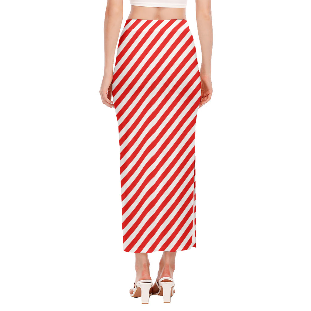 Red And White Candy Cane Striped Print Side Slit Maxi Skirt