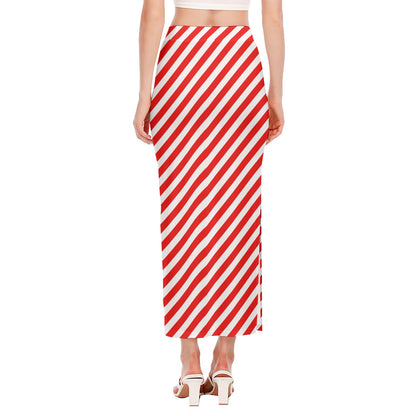 Red And White Candy Cane Striped Print Side Slit Maxi Skirt