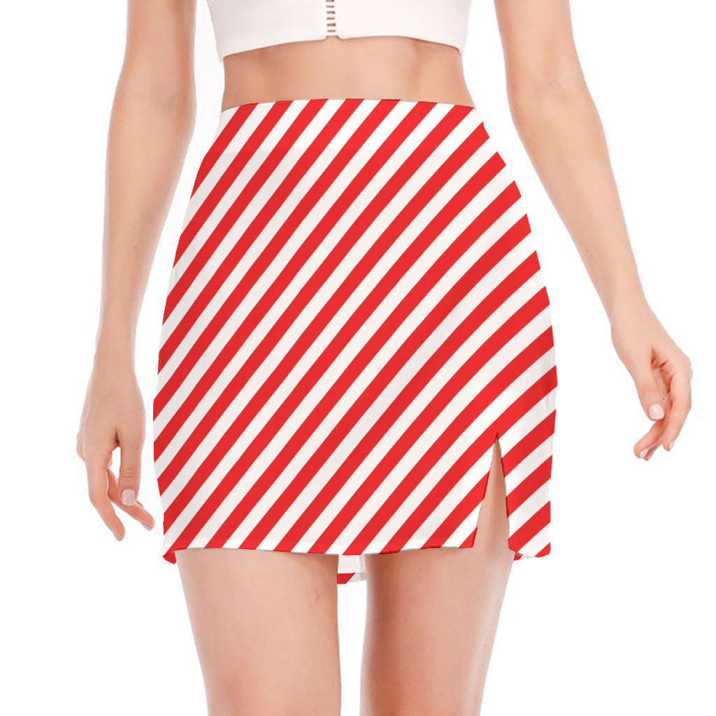 Red And White Candy Cane Striped Print Side Slit Mini Skirt