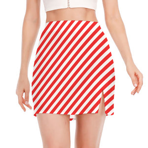 Red And White Candy Cane Striped Print Side Slit Mini Skirt