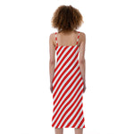 Red And White Candy Cane Striped Print Slim Fit Midi Cami Dress