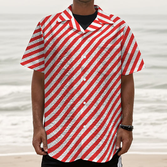 Red And White Candy Cane Striped Print Textured Short Sleeve Shirt