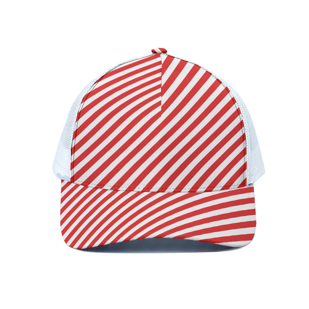 Red And White Candy Cane Striped Print White Mesh Trucker Cap