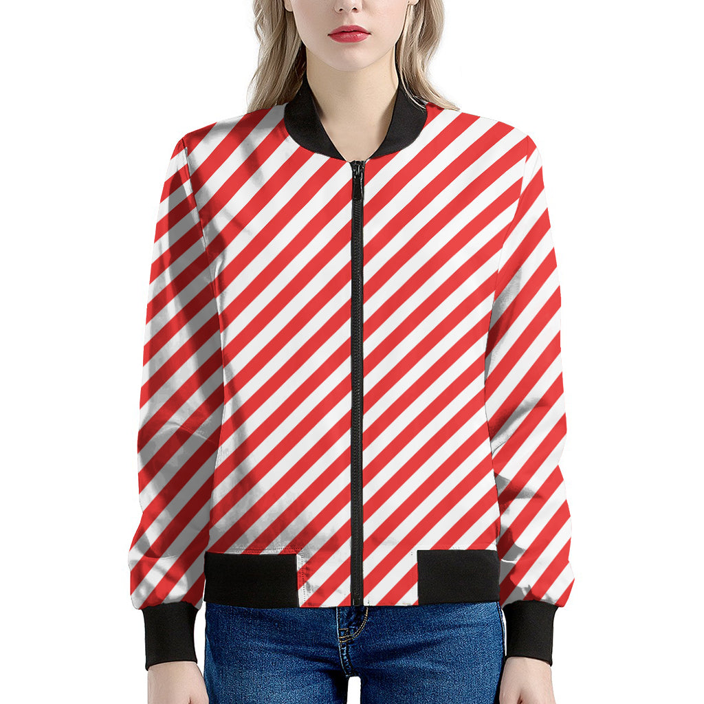 Red And White Candy Cane Striped Print Women's Bomber Jacket