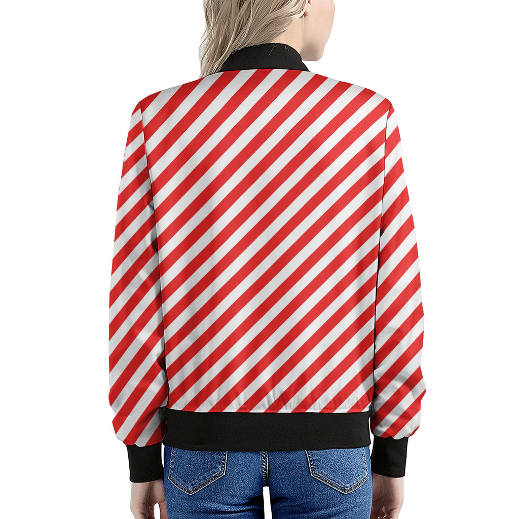 Red And White Candy Cane Striped Print Women's Bomber Jacket