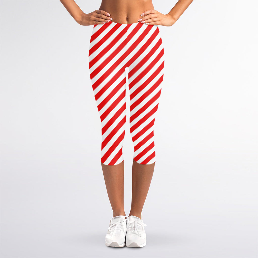 Red And White Candy Cane Striped Print Women's Capri Leggings