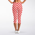 Red And White Candy Cane Striped Print Women's Capri Leggings