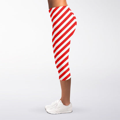 Red And White Candy Cane Striped Print Women's Capri Leggings
