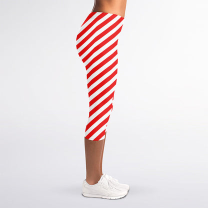 Red And White Candy Cane Striped Print Women's Capri Leggings