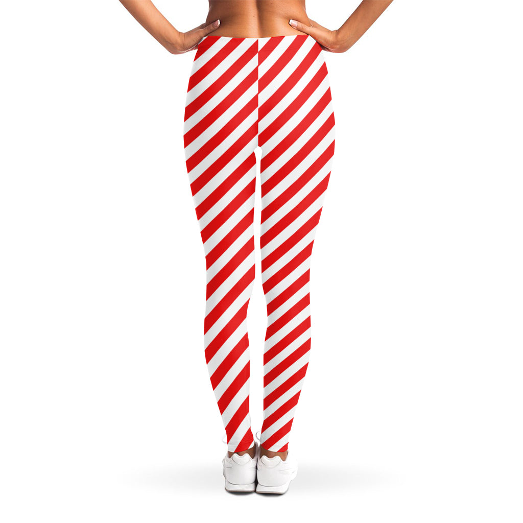 Red And White Candy Cane Striped Print Women's Leggings