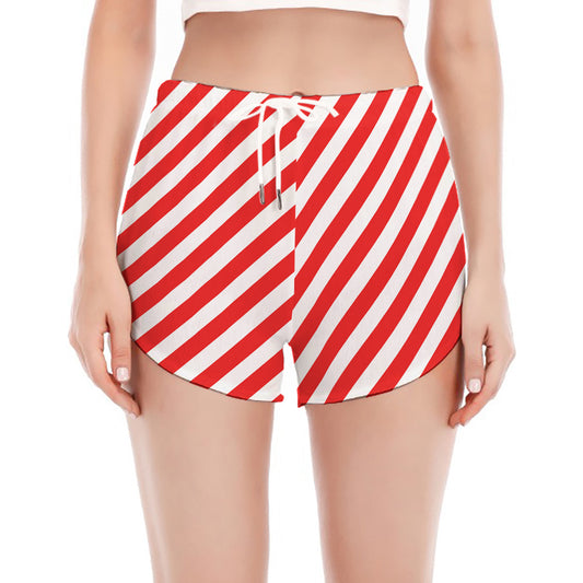 Red And White Candy Cane Striped Print Women's Split Running Shorts