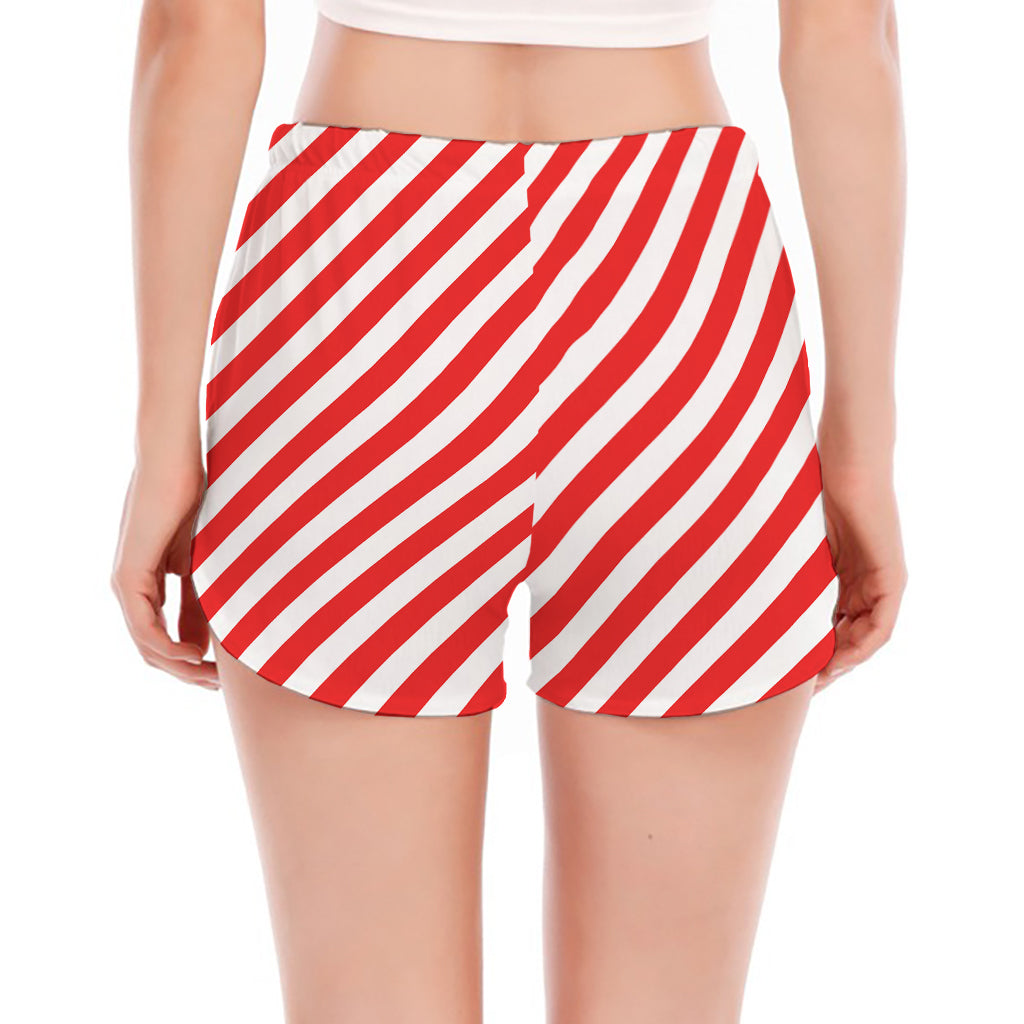 Red And White Candy Cane Striped Print Women's Split Running Shorts