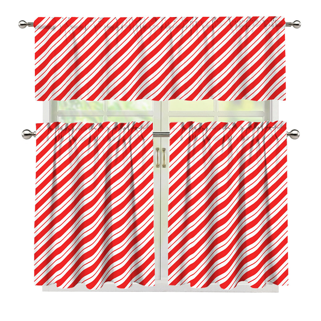 Red And White Candy Cane Stripes Print 3 Piece Kitchen Curtains