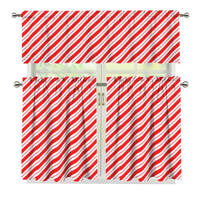 Red And White Candy Cane Stripes Print 3 Piece Kitchen Curtains