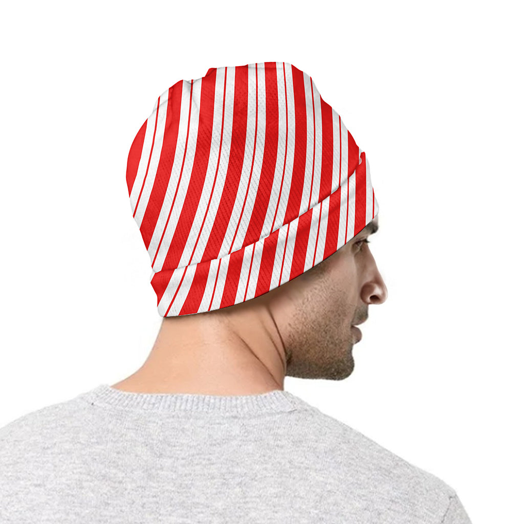 Red And White Candy Cane Stripes Print Beanie