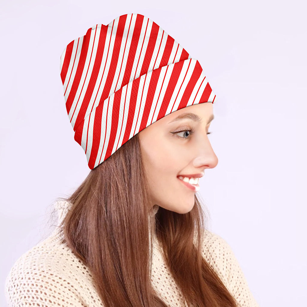 Red And White Candy Cane Stripes Print Beanie