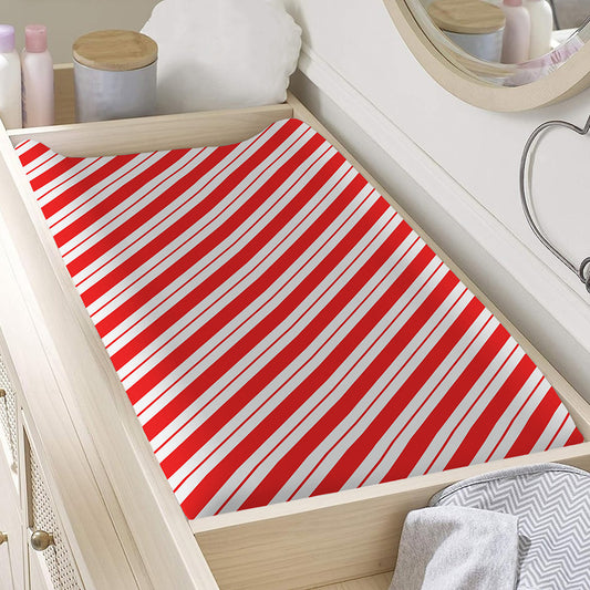 Red And White Candy Cane Stripes Print Changing Pad Cover