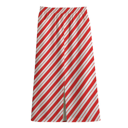 Red And White Candy Cane Stripes Print Cotton Front Slit Maxi Skirt