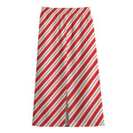 Red And White Candy Cane Stripes Print Cotton Front Slit Maxi Skirt