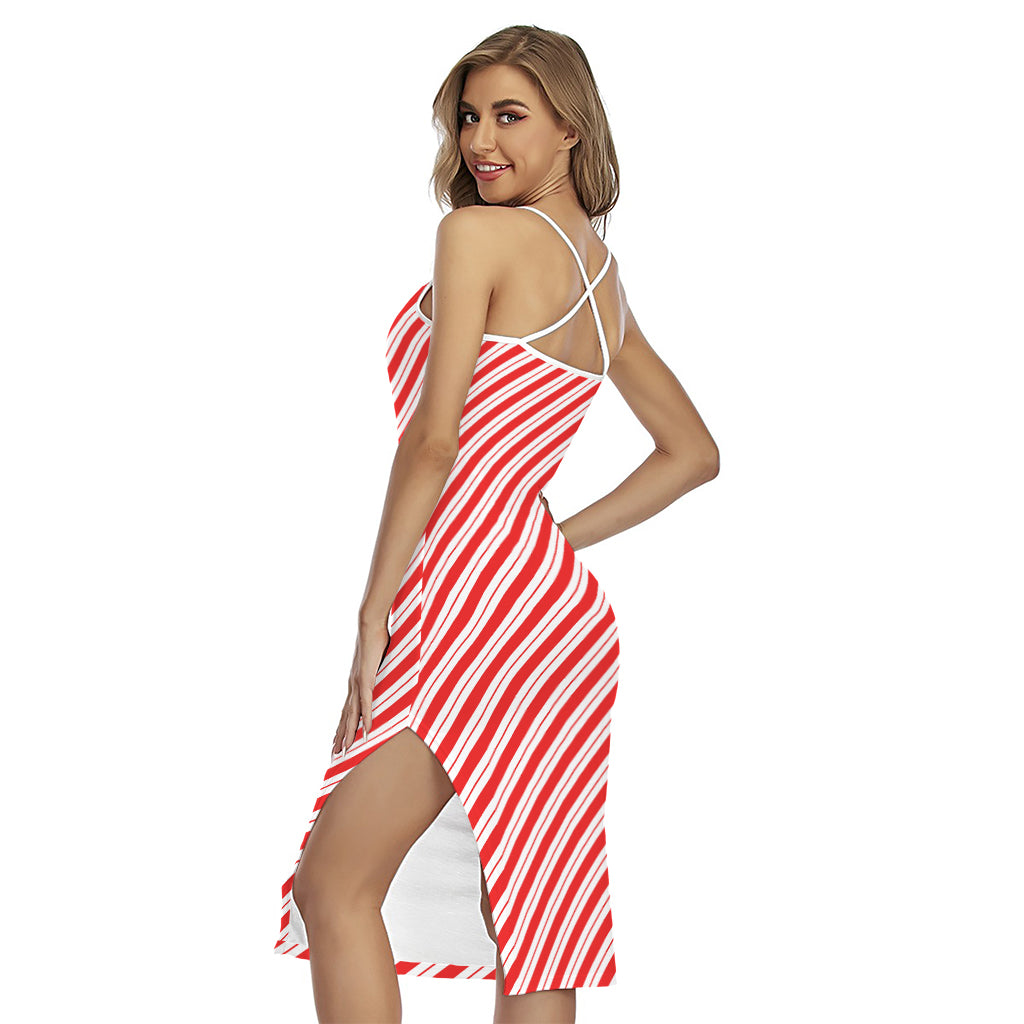 Red And White Candy Cane Stripes Print Cross Back Cami Dress