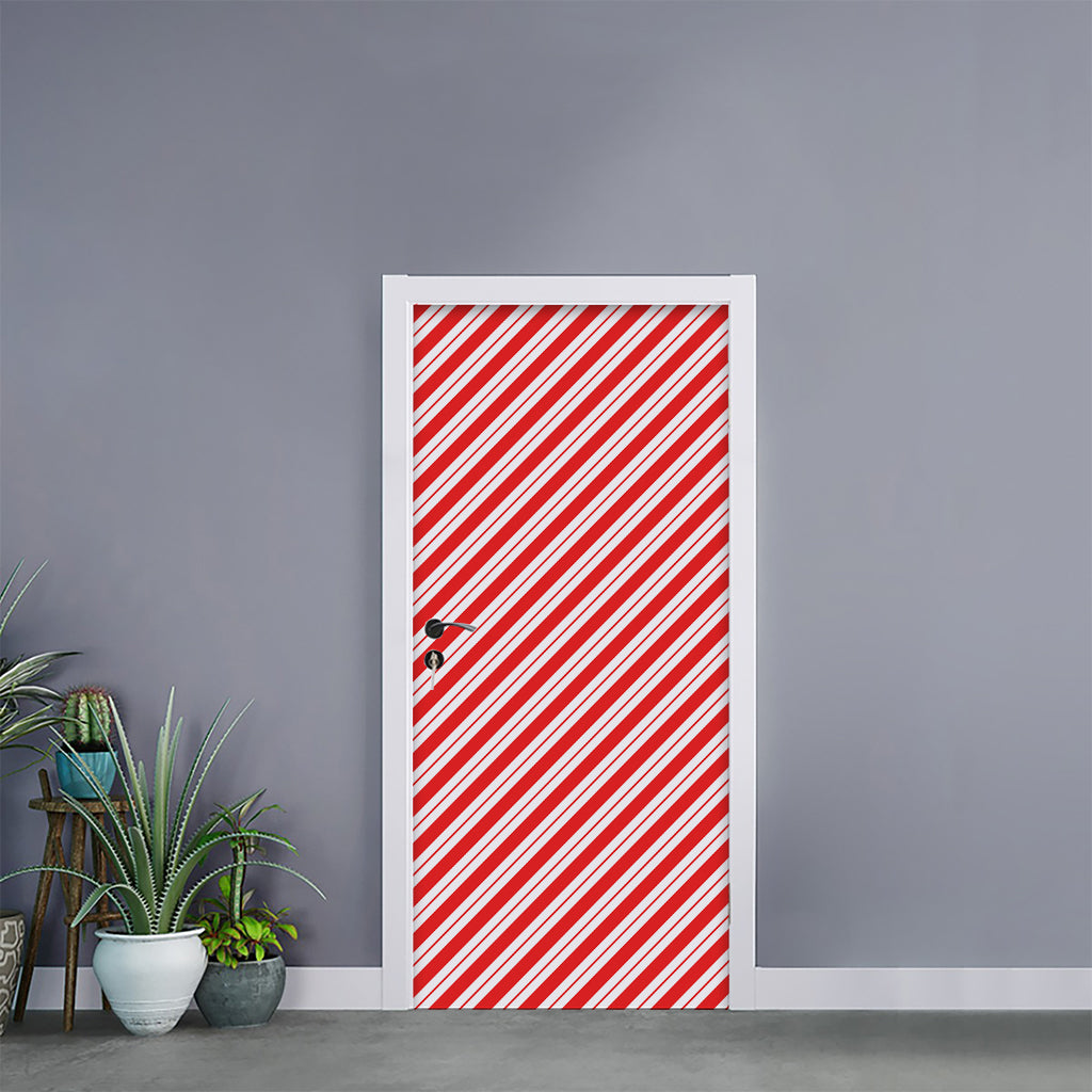 Red And White Candy Cane Stripes Print Door Sticker