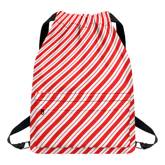 Red And White Candy Cane Stripes Print Drawstring Backpack