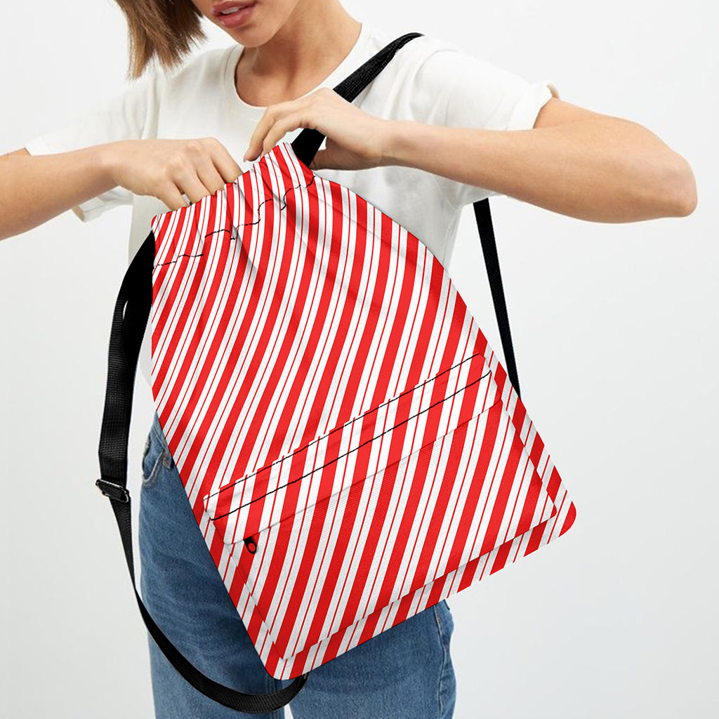Red And White Candy Cane Stripes Print Drawstring Backpack